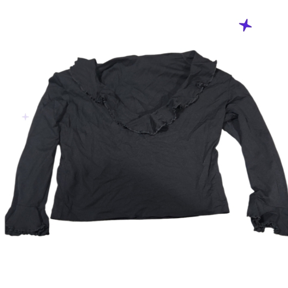 U.s.a Jrs Lg Vintage Black Ruffled  Top